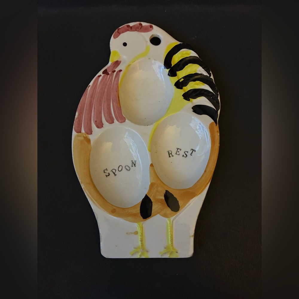 Vintage Ceramic Rooster Spoon Rest in White, Yellow, Black and Pink